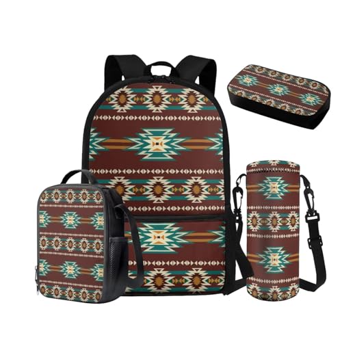 NETILGEN Rucksack für Jungen 10-12 Mittelschule Taschen-Set mit isolierter Lunchbox Federmäppchen Wasserflasche Hülle 6-8 Grundschule Vorschule Schultasche, Ethnischer Navajo Azteken, Schulrucksack von NETILGEN