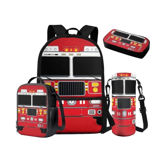 NETILGEN Rucksack für Jungen 10-12 Mittelschule Taschen-Set mit isolierter Lunchbox Federmäppchen Wasserflasche Hülle 6-8 Grundschule Vorschule Schultasche, Feuerwehrauto, Schulrucksack von NETILGEN