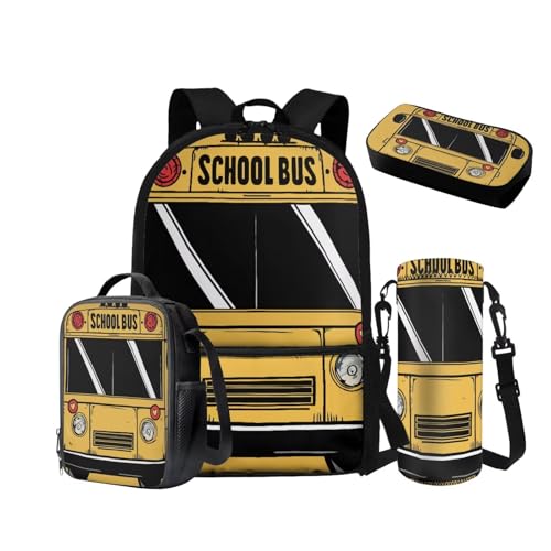 NETILGEN Rucksack für Jungen 10-12 Mittelschule Taschen-Set mit isolierter Lunchbox Federmäppchen Wasserflasche Hülle 6-8 Grundschule Vorschule Schultasche, Gelber Schulbus, Schulrucksack von NETILGEN