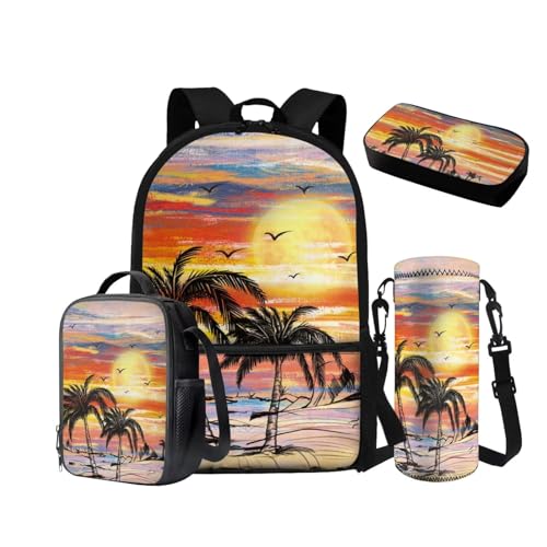NETILGEN Rucksack für Jungen 10-12 Mittelschule Taschen-Set mit isolierter Lunchbox Federmäppchen Wasserflasche Hülle 6-8 Grundschule Vorschule Schultasche, Kokosnussbaum Sonnenuntergang von NETILGEN