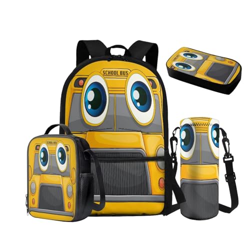 NETILGEN Rucksack für Jungen 10-12 Mittelschule Taschen-Set mit isolierter Lunchbox Federmäppchen Wasserflasche Hülle 6-8 Grundschule Vorschule Schultasche, Lustiger Schulbus, Schulrucksack von NETILGEN