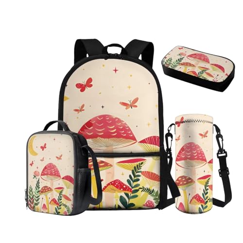 NETILGEN Rucksack für Jungen 10-12 Mittelschule Taschen-Set mit isolierter Lunchbox Federmäppchen Wasserflasche Hülle 6-8 Grundschule Vorschule Schultasche, Schmetterlingspilz, Schulrucksack von NETILGEN
