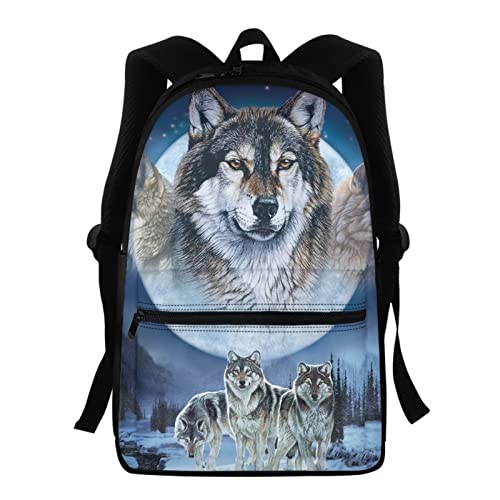 NETILGEN Rucksack für Kinder, Jungen, Mädchen, Schultasche, Teenager, personalisierbar, Rucksack, Schulrucksack, Wölfe mit Mond, One size von NETILGEN