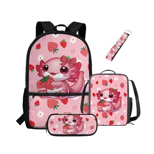 NETILGEN Rucksack für Mädchen, Kinder, Büchertasche mit wärmeisolierter Lunchbox, Federmäppchen, Schlüsselanhänger, 4-teiliges Set, Büchertasche mit Fächern, Axolotl Cherry Strawberry, Kinderrucksack von NETILGEN