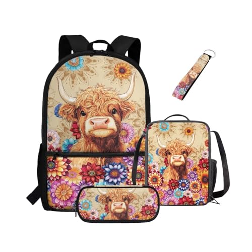 NETILGEN Rucksack für Mädchen, Kinder, Büchertasche mit wärmeisolierter Lunchbox, Federmäppchen, Schlüsselanhänger, 4-teiliges Set, Büchertasche mit Fächern, Boho-Blume, Kuh, Kinderrucksack von NETILGEN