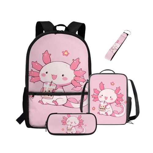 NETILGEN Rucksack für Mädchen, Kinder, Büchertasche mit wärmeisolierter Lunchbox, Federmäppchen, Schlüsselanhänger, 4-teiliges Set, Büchertasche mit Fächern, Drink Axolotl, Kinderrucksack von NETILGEN