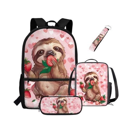 NETILGEN Rucksack für Mädchen, Kinder, Büchertasche mit wärmeisolierter Lunchbox, Federmäppchen, Schlüsselanhänger, 4-teiliges Set, Büchertasche mit Fächern, Erdbeer-Faultier, Kinderrucksack von NETILGEN