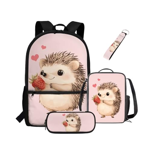 NETILGEN Rucksack für Mädchen, Kinder, Büchertasche mit wärmeisolierter Lunchbox, Federmäppchen, Schlüsselanhänger, 4-teiliges Set, Büchertasche mit Fächern, Erdbeer-Igel, Kinderrucksack von NETILGEN