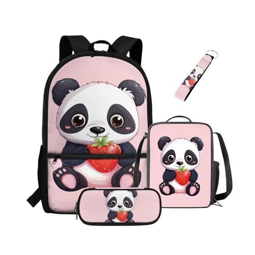 NETILGEN Rucksack für Mädchen, Kinder, Büchertasche mit wärmeisolierter Lunchbox, Federmäppchen, Schlüsselanhänger, 4-teiliges Set, Büchertasche mit Fächern, Erdbeer-Panda, Kinderrucksack von NETILGEN