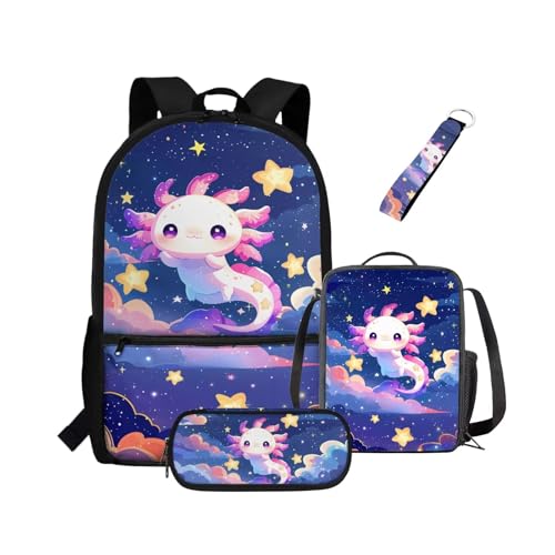 NETILGEN Rucksack für Mädchen, Kinder, Büchertasche mit wärmeisolierter Lunchbox, Federmäppchen, Schlüsselanhänger, 4-teiliges Set, Büchertasche mit Fächern, Galaxy Space Axolotl, Kinderrucksack von NETILGEN