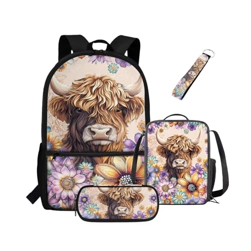 NETILGEN Rucksack für Mädchen, Kinder, Büchertasche mit wärmeisolierter Lunchbox, Federmäppchen, Schlüsselanhänger, 4-teiliges Set, Büchertasche mit Fächern, Hippie Floral Blossoms Cow, Kinderrucksack von NETILGEN