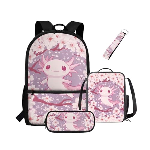 NETILGEN Rucksack für Mädchen, Kinder, Büchertasche mit wärmeisolierter Lunchbox, Federmäppchen, Schlüsselanhänger, 4-teiliges Set, Büchertasche mit Fächern, Kirschblüten Axolotl, Kinderrucksack von NETILGEN