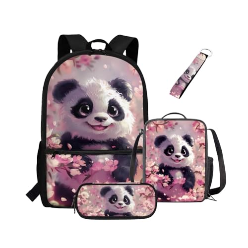 NETILGEN Rucksack für Mädchen, Kinder, Büchertasche mit wärmeisolierter Lunchbox, Federmäppchen, Schlüsselanhänger, 4-teiliges Set, Büchertasche mit Fächern, Kirschblüten-Panda, Kinderrucksack von NETILGEN