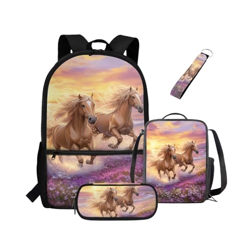 NETILGEN Rucksack für Mädchen, Kinder, Büchertasche mit wärmeisolierter Lunchbox, Federmäppchen, Schlüsselanhänger, 4-teiliges Set, Büchertasche mit Fächern, Laufpferd, Kinderrucksack von NETILGEN