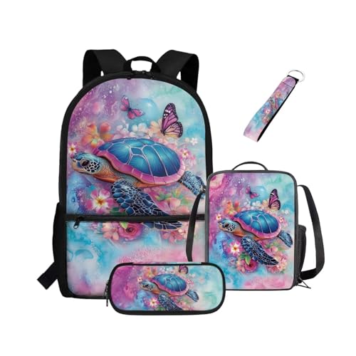 NETILGEN Rucksack für Mädchen, Kinder, Büchertasche mit wärmeisolierter Lunchbox, Federmäppchen, Schlüsselanhänger, 4-teiliges Set, Büchertasche mit Fächern, Marmor Meeresschildkröte Schmetterling von NETILGEN