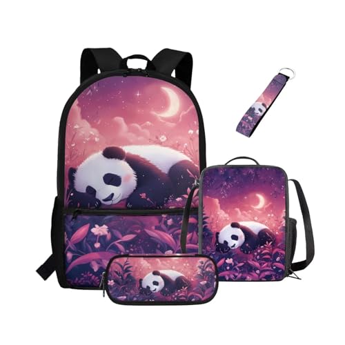 NETILGEN Rucksack für Mädchen, Kinder, Büchertasche mit wärmeisolierter Lunchbox, Federmäppchen, Schlüsselanhänger, 4-teiliges Set, Büchertasche mit Fächern, Moon Night Panda, Kinderrucksack von NETILGEN