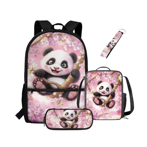 NETILGEN Rucksack für Mädchen, Kinder, Büchertasche mit wärmeisolierter Lunchbox, Federmäppchen, Schlüsselanhänger, 4-teiliges Set, Büchertasche mit Fächern, Panda-Kirschblume, Kinderrucksack von NETILGEN