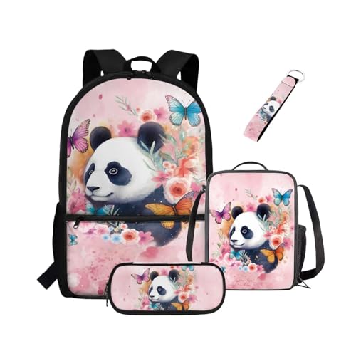 NETILGEN Rucksack für Mädchen, Kinder, Büchertasche mit wärmeisolierter Lunchbox, Federmäppchen, Schlüsselanhänger, 4-teiliges Set, Büchertasche mit Fächern, Schmetterlingspanda, Kinderrucksack von NETILGEN