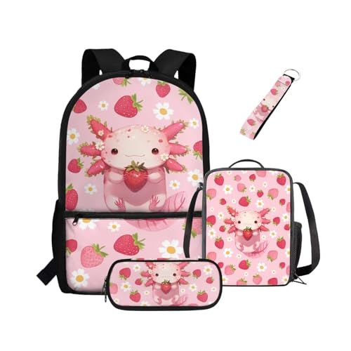 NETILGEN Rucksack für Mädchen, Kinder, Büchertasche mit wärmeisolierter Lunchbox, Federmäppchen, Schlüsselanhänger, 4-teiliges Set, Büchertasche mit Fächern, Strawberry Axolotl, Kinderrucksack von NETILGEN