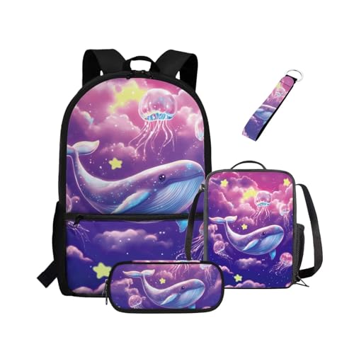 NETILGEN Rucksack für Mädchen, Kinder, Büchertasche mit wärmeisolierter Lunchbox, Federmäppchen, Schlüsselanhänger, 4-teiliges Set, Büchertasche mit Fächern, Wal, Kinderrucksack von NETILGEN