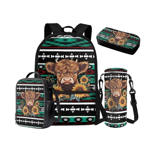 NETILGEN Rucksack für Mädchen Jungen Kleinkinder 6-8 8-10 Schulranzen Set mit isolierter Lunchbox Federmäppchen Kordelzug Wasserflasche Hülle 4 in 1, Azteken-Sonnenblumen-Hochlandkuh, Schulrucksack von NETILGEN