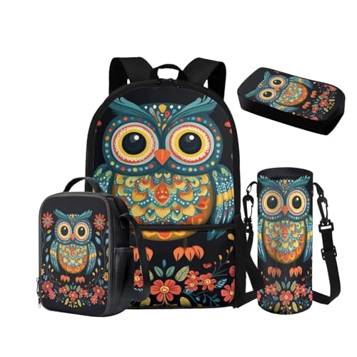 NETILGEN Rucksack für Mädchen Jungen Kleinkinder 6-8 8-10 Schulranzen Set mit isolierter Lunchbox Federmäppchen Kordelzug Wasserflasche Hülle 4 in 1, Eule Blume, Schulrucksack von NETILGEN