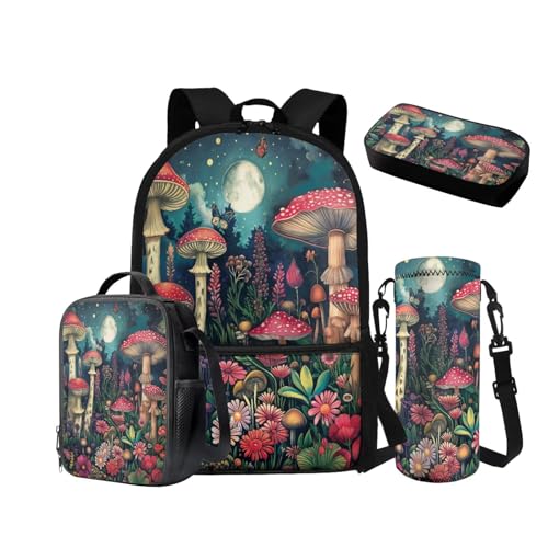 NETILGEN Rucksack für Mädchen Jungen Kleinkinder 6-8 8-10 Schulranzen Set mit isolierter Lunchbox Federmäppchen Kordelzug Wasserflasche Hülle 4 in 1, Mondpilz, Schulrucksack von NETILGEN
