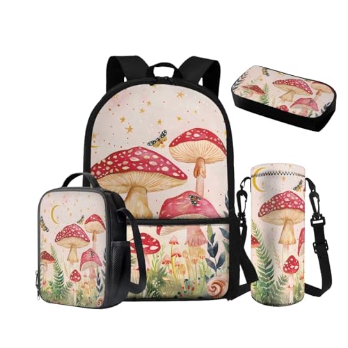 NETILGEN Rucksack für Mädchen Jungen Kleinkinder 6-8 8-10 Schulranzen Set mit isolierter Lunchbox Federmäppchen Kordelzug Wasserflasche Hülle 4 in 1, Schmetterlingspilz, Schulrucksack von NETILGEN