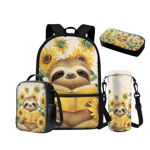 NETILGEN Rucksack für Mädchen Jungen Kleinkinder 6-8 8-10 Schulranzen Set mit isolierter Lunchbox Federmäppchen Kordelzug Wasserflasche Hülle 4 in 1, Sonnenblumen-Faultierbuch, Schulrucksack von NETILGEN