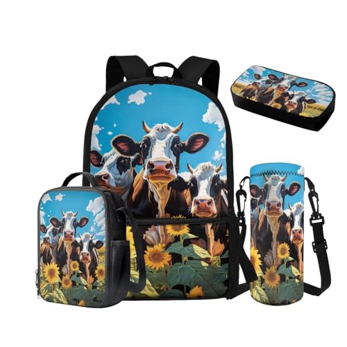 NETILGEN Rucksack für Mädchen Jungen Kleinkinder 6-8 8-10 Schulranzen Set mit isolierter Lunchbox Federmäppchen Kordelzug Wasserflasche Hülle 4 in 1, Sonnenblumenkuh, Schulrucksack von NETILGEN