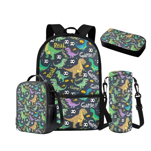 NETILGEN Rucksack für Mädchen Jungen Kleinkinder 6-8 8-10 Schulranzen Set mit isolierter Lunchbox Federmäppchen Kordelzug Wasserflasche Hülle 4 in 1, T-Rex Dinosaurier, Schulrucksack von NETILGEN