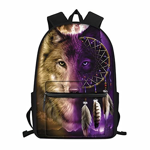 NETILGEN Rucksack für die Schule, Kinder, Jungen, Mädchen, Büchertasche, Teenager, personalisierbar, Rucksack zum Schulanfang, Traumfänger Wolf, One size von NETILGEN