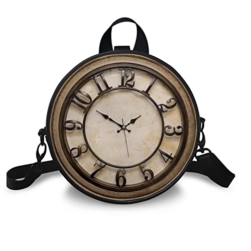NETILGEN Runde Damen-Handtasche aus PU-Leder mit Reißverschluss, Schultertasche, Handy-Geldbörse, Clock-3D von NETILGEN