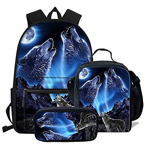 NETILGEN Schulranzen + Federmäppchen + Lunchtasche 3 Sets Groß Cool für Kinder Jungen Teenager Reisen Personalisiert, Blauer, heulender Wolf, one size, Kinderrucksack von NETILGEN