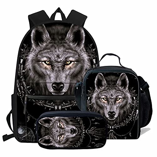 NETILGEN Schulranzen + Federmäppchen + Lunchtasche 3 Sets Groß Cool für Kinder Jungen Teenager Reisen Personalisiert, Halskette Wolfskopf, one size, Schultaschen-Set von NETILGEN