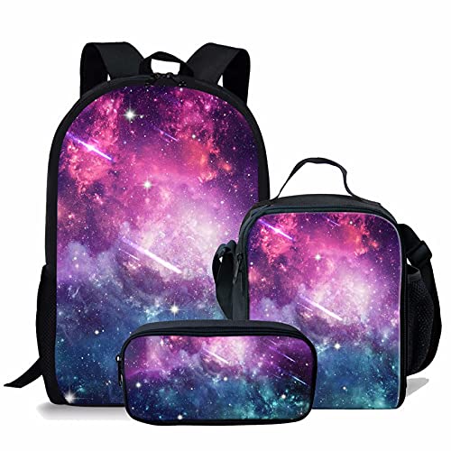 NETILGEN Schulranzen Rucksack für Kinder Schule Arbeitstisch, Galaxy Space Lunch Kühltaschen mit Schultergurt, kleine Federmäppchen mit Reißverschluss 3-TLG. Geschenkset von NETILGEN