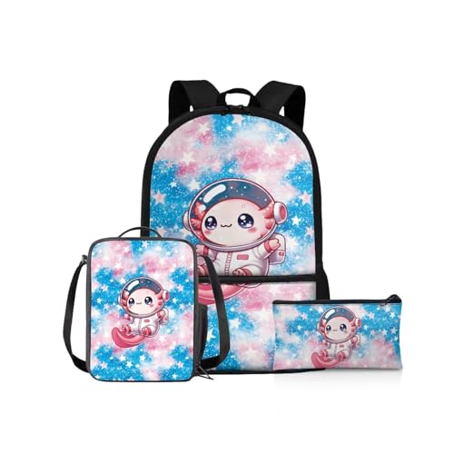 NETILGEN Schulrucksack Mädchen Schulbüchertaschen-Set 43,2 cm Kinder Schulter-Büchertasche und Lunchbox Federmäppchen für Grundschüler Mittelschüler, Astronaut Axolotl, Kinderrucksack von NETILGEN