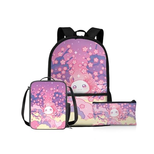 NETILGEN Schulrucksack Mädchen Schulbüchertaschen-Set 43,2 cm Kinder Schulter-Büchertasche und Lunchbox Federmäppchen für Grundschüler Mittelschüler, Axolotl Cherry Floral, Kinderrucksack von NETILGEN