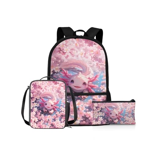 NETILGEN Schulrucksack Mädchen Schulbüchertaschen-Set 43,2 cm Kinder Schulter-Büchertasche und Lunchbox Federmäppchen für Grundschüler Mittelschüler, Axolotl Kirschblüten, Kinderrucksack von NETILGEN