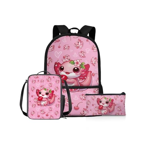 NETILGEN Schulrucksack Mädchen Schulbüchertaschen-Set 43,2 cm Kinder Schulter-Büchertasche und Lunchbox Federmäppchen für Grundschüler Mittelschüler, Axolotl Kirsche, Kinderrucksack von NETILGEN