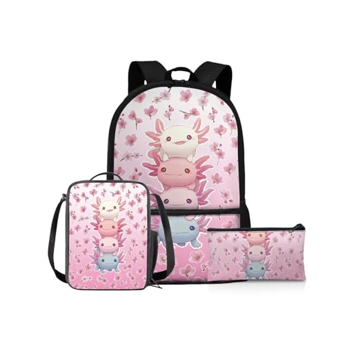 NETILGEN Schulrucksack Mädchen Schulbüchertaschen-Set 43,2 cm Kinder Schulter-Büchertasche und Lunchbox Federmäppchen für Grundschüler Mittelschüler, Axolotl Player, Kinderrucksack von NETILGEN