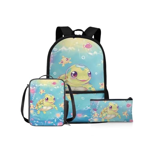 NETILGEN Schulrucksack Mädchen Schulbüchertaschen-Set 43,2 cm Kinder Schulter-Büchertasche und Lunchbox Federmäppchen für Grundschüler Mittelschüler, Baby-Meeresschildkröte, Kinderrucksack von NETILGEN