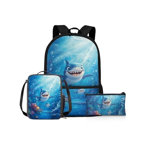 NETILGEN Schulrucksack Mädchen Schulbüchertaschen-Set 43,2 cm Kinder Schulter-Büchertasche und Lunchbox Federmäppchen für Grundschüler Mittelschüler, Blauer Hai, Kinderrucksack von NETILGEN