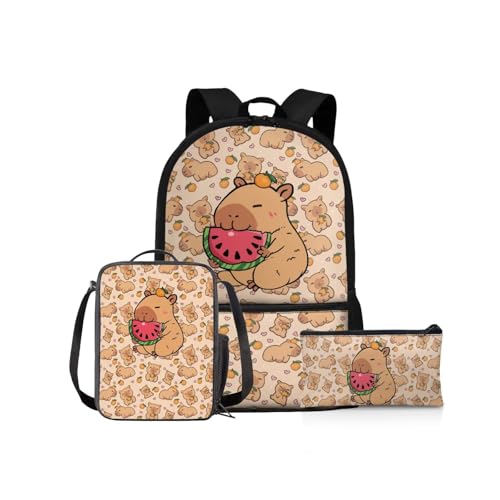 NETILGEN Schulrucksack Mädchen Schulbüchertaschen-Set 43,2 cm Kinder Schulter-Büchertasche und Lunchbox Federmäppchen für Grundschüler Mittelschüler, Capybara Wassermelone, Kinderrucksack von NETILGEN