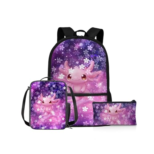 NETILGEN Schulrucksack Mädchen Schulbüchertaschen-Set 43,2 cm Kinder Schulter-Büchertasche und Lunchbox Federmäppchen für Grundschüler Mittelschüler, Cherry Axolotl, Kinderrucksack von NETILGEN