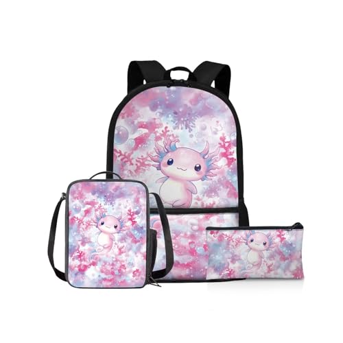 NETILGEN Schulrucksack Mädchen Schulbüchertaschen-Set 43,2 cm Kinder Schulter-Büchertasche und Lunchbox Federmäppchen für Grundschüler Mittelschüler, Galaxy Axolotl, Kinderrucksack von NETILGEN