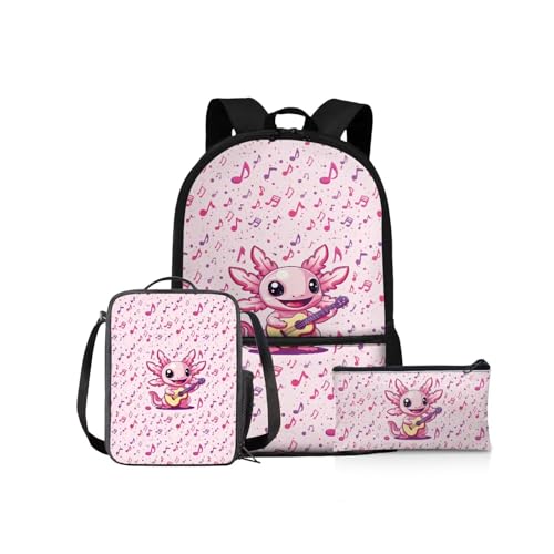 NETILGEN Schulrucksack Mädchen Schulbüchertaschen-Set 43,2 cm Kinder Schulter-Büchertasche und Lunchbox Federmäppchen für Grundschüler Mittelschüler, Gitarre Axolotl, Kinderrucksack von NETILGEN