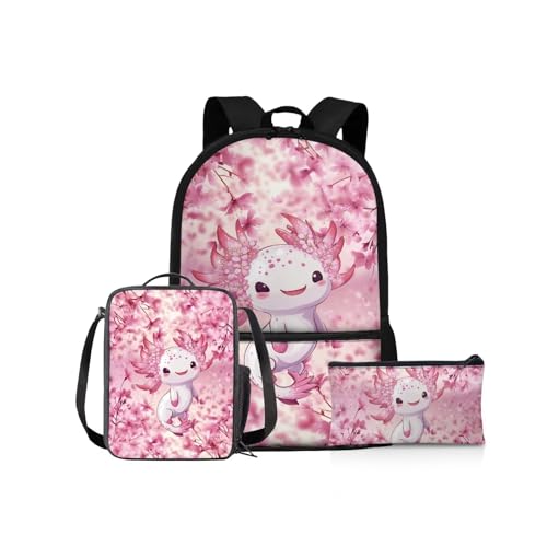 NETILGEN Schulrucksack Mädchen Schulbüchertaschen-Set 43,2 cm Kinder Schulter-Büchertasche und Lunchbox Federmäppchen für Grundschüler Mittelschüler, Kirschblüten Axolotl, Kinderrucksack von NETILGEN