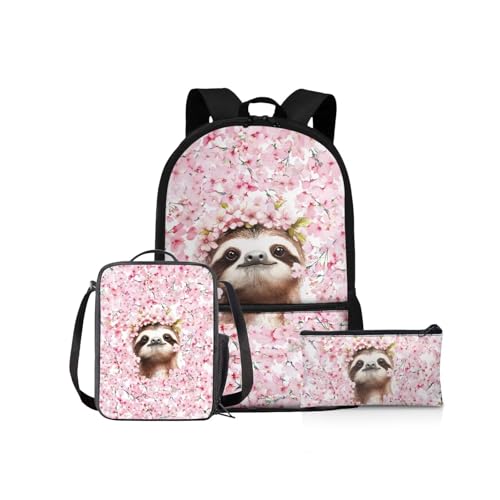 NETILGEN Schulrucksack Mädchen Schulbüchertaschen-Set 43,2 cm Kinder Schulter-Büchertasche und Lunchbox Federmäppchen für Grundschüler Mittelschüler, Kirschblumen-Faultier, Kinderrucksack von NETILGEN