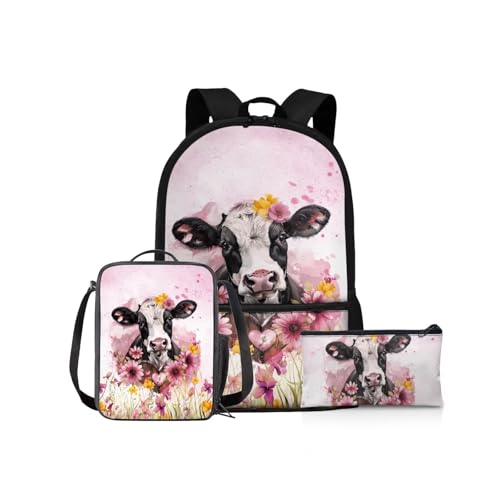 NETILGEN Schulrucksack Mädchen Schulbüchertaschen-Set 43,2 cm Kinder Schulter-Büchertasche und Lunchbox Federmäppchen für Grundschüler Mittelschüler, Kuhblume, Kinderrucksack von NETILGEN